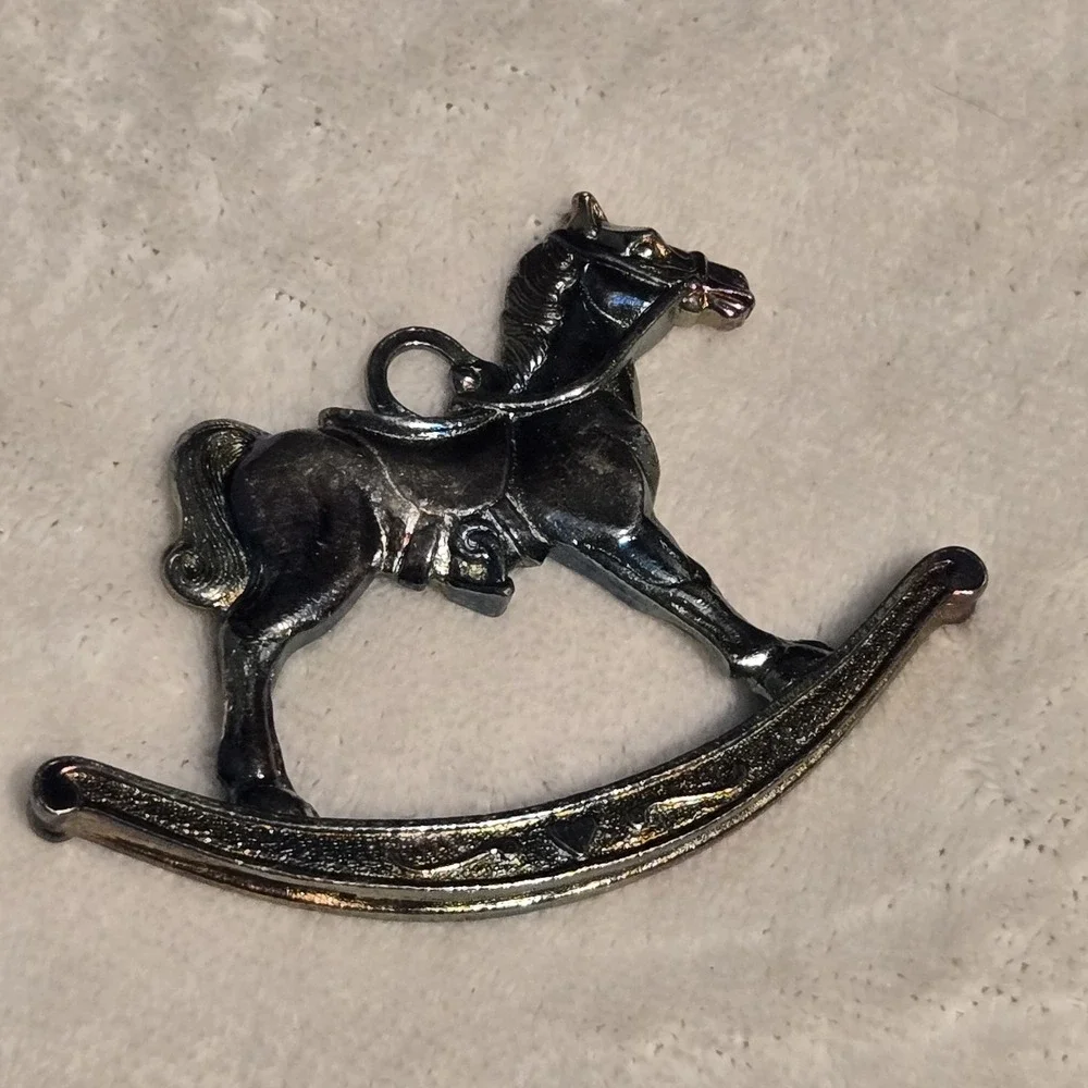 Vintage Cast Metal Rocking‎ Horse Christmas Ornament Gunmetal Hematite Finish